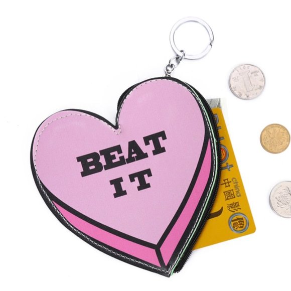 Adorable pleather faux leather "BEAT IT" heart shaped change purse key chain - Picture 2 of 5